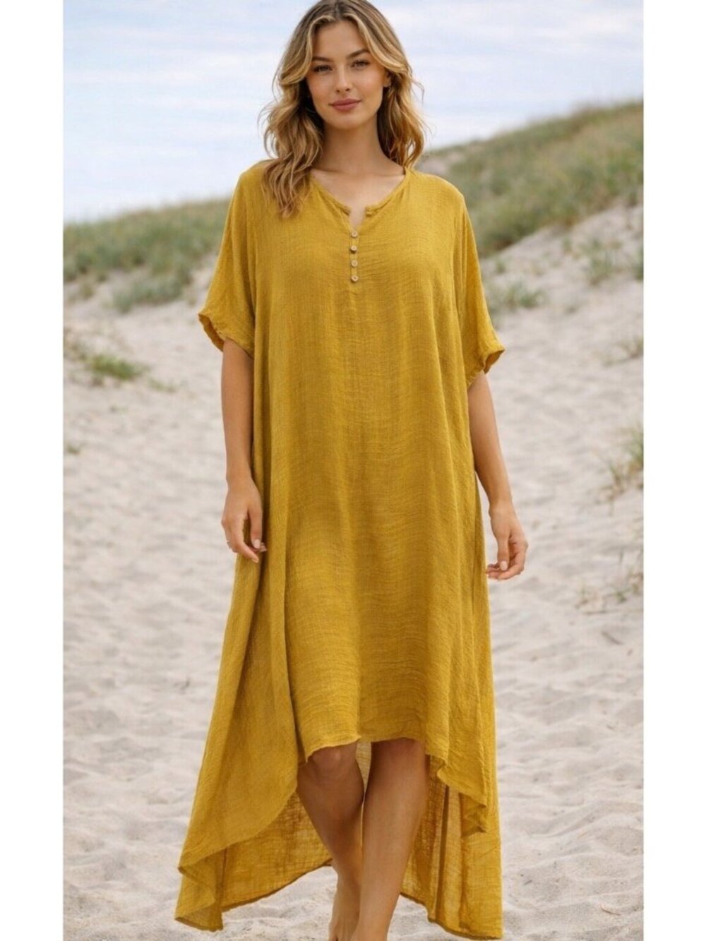 NWT Gauze Midi Dress Kaftan High Low Boho Resort Lightweight Mustard Size 5XL